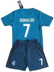 Teal Real Madrid football jersey with 'RONALDO' and number 7 laid flat, paired with matching teal shorts featuring the club logo.