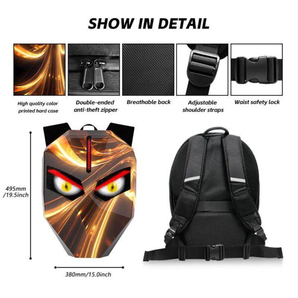 Backpack with a fiery shield front panel; 495mm tall and 380mm wide. Features include a color-printed hard case, double-ended anti-theft zipper, breathable back, adjustable shoulder straps, and waist safety lock.
