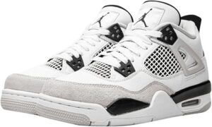 White Air Jordan 4 sneakers with black heel accents, shown from a front-side angle for product display