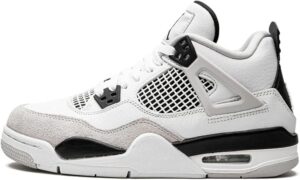 White and light gray basketball shoe with black accents, mesh panels, and a visible air unit in the midsole.
