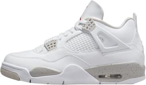 White high-top sneaker with netted side panels, plastic lace locks, and speckled beige midsole with visible Air unit