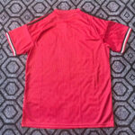 Red short-sleeve sports jersey laid flat, showing a black stripe along the shoulder and striped sleeve cuffs on a patterned carpet background.