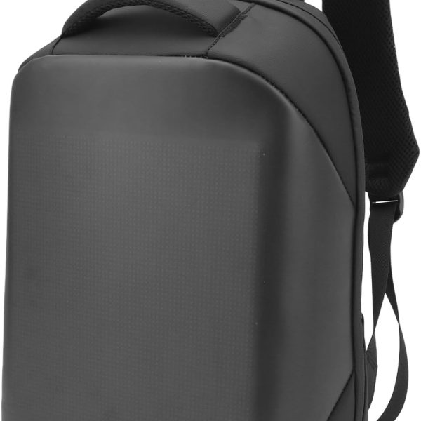 Black compact backpack with padded straps and a textured front panel, shown from a side-front angle