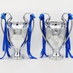 Two silver trophies with blue ribbons displayed side by side. They appear to be awards or medals for achievement.