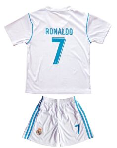 61rXrvSiJVL | UAE SPORT STORE White Real Madrid soccer jersey and shorts set, back shows ‘RONALDO 7’ in turquoise.