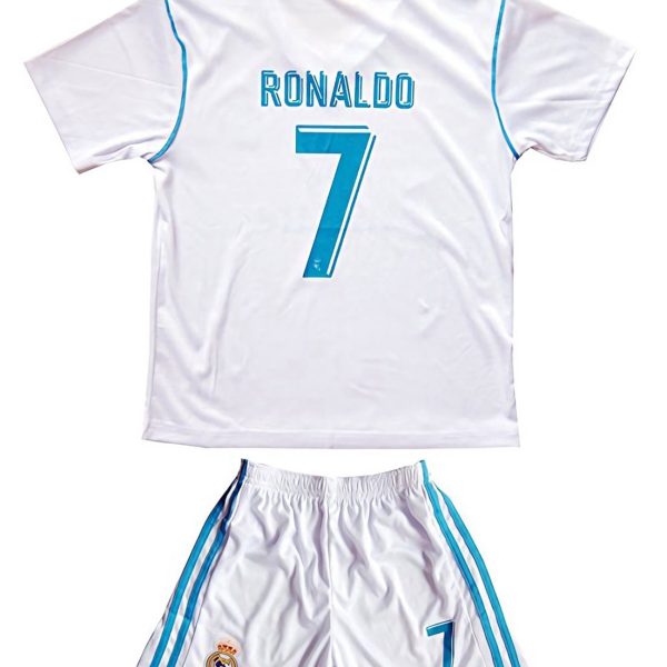 White Real Madrid soccer jersey and shorts set, back shows ‘RONALDO 7’ in turquoise.