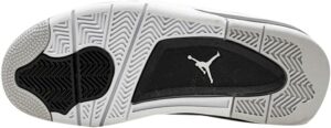 Bottom view of a white sneaker outsole with gray tread and a black heel patch featuring the Jordan Jumpman logo.