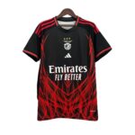 Black Benfica football jersey on a hanger with red flame pattern, crest on chest and 'Emirates Fly Better' text visible on the front.