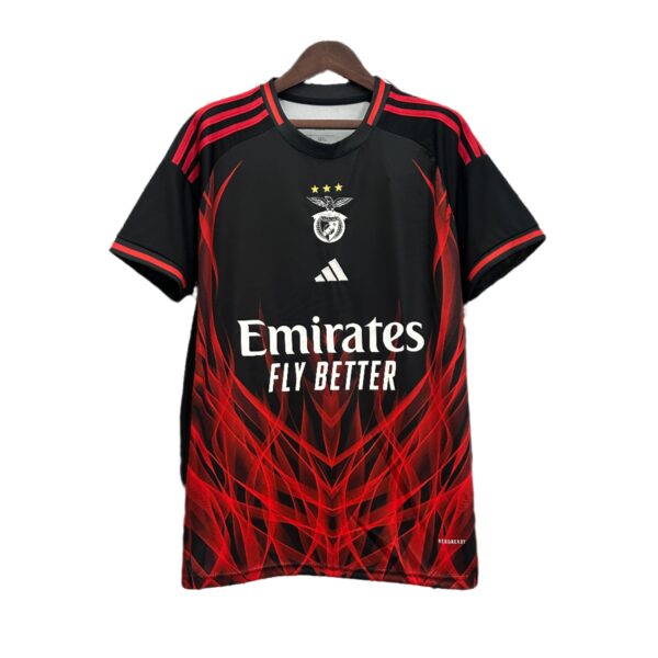 Black Benfica football jersey on a hanger with red flame pattern, crest on chest and 'Emirates Fly Better' text visible on the front.