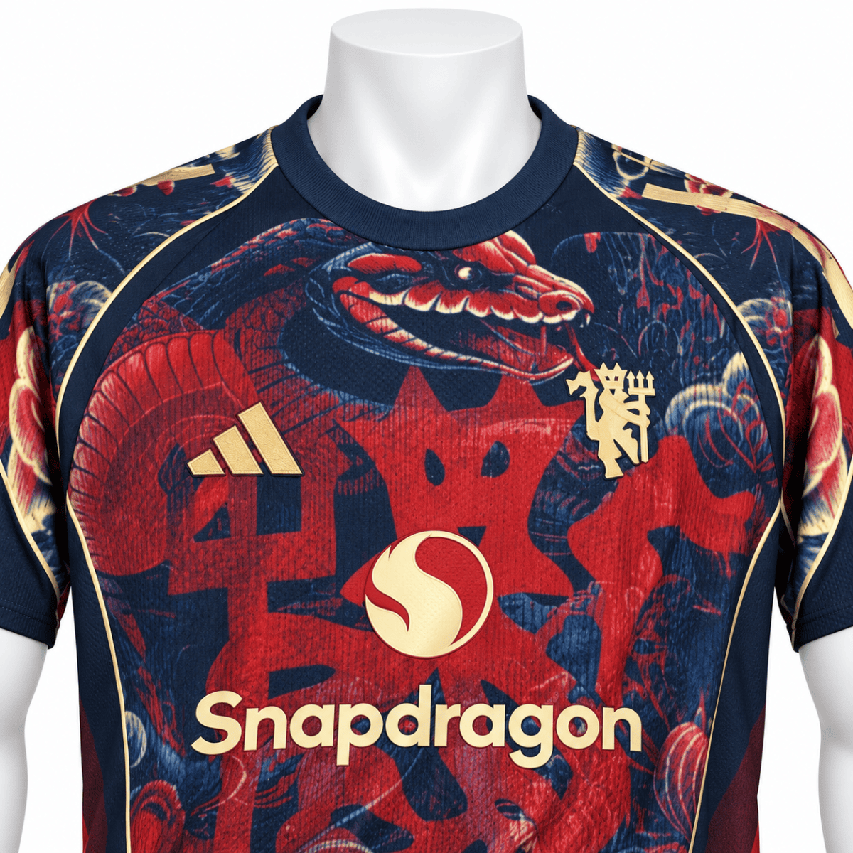 Manchester United Snake Special Edition Jersey 2025/26 with dragon and sponsor logo.