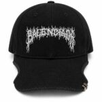 Black baseball cap with a white jagged-letter embroidery across the front.