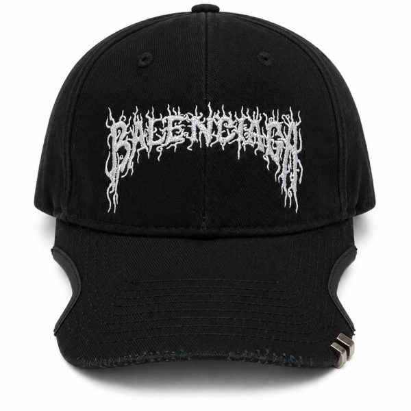 Black baseball cap with a white jagged-letter embroidery across the front.