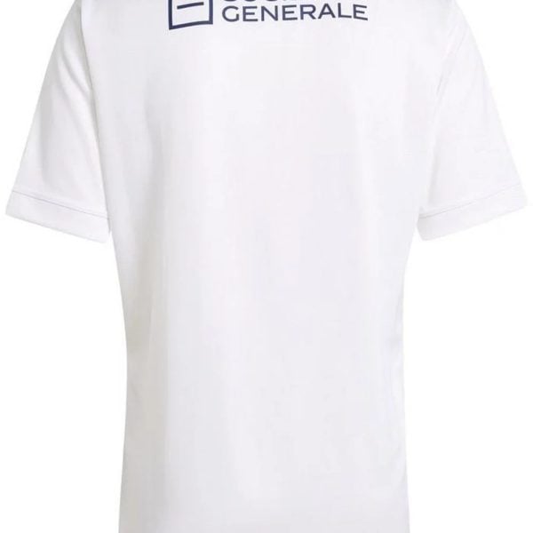White polo shirt seen from the back with a dark logo reading 'SOCIETE GENERALE' on the upper back near the collar area.