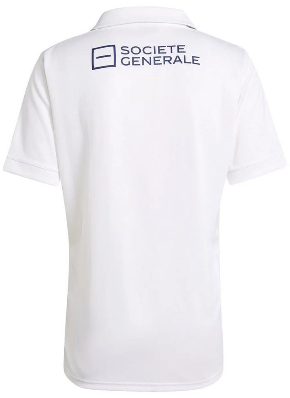 6332d736f7aa17aaefe8ddcd35656ccb | UAE SPORT STORE White polo shirt seen from the back with a dark logo reading 'SOCIETE GENERALE' on the upper back near the collar area.