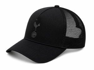 Black trucker cap with mesh back and a raised black rooster emblem on the front panel.