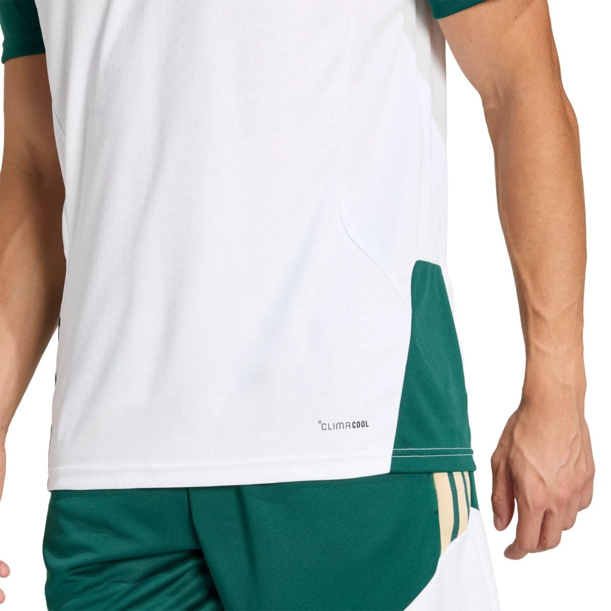 Close-up of a white athletic shirt with green side panels and matching green shorts; Climacool logo visible on the shirt, with a forearm at the right.