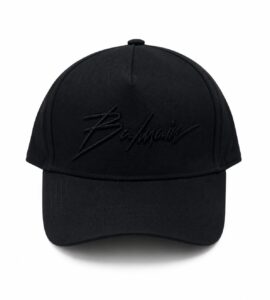 Black baseball cap with black embroidered cursive logo on the front panel.