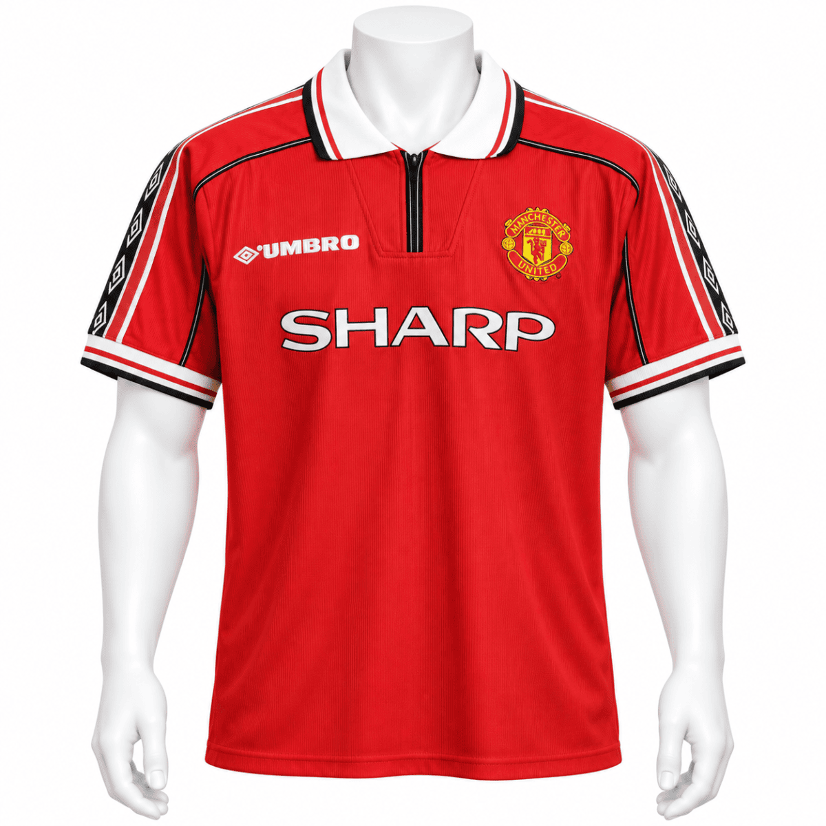 Front view of a red Manchester United jersey on a white mannequin with white-and-black collar trim, a short zipper, Umbro logos and SHARP sponsor lettering.