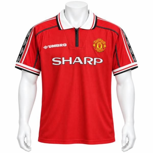 63eea515-319d-4ef4-a482-fc7d679b7e02 - UAE SPORT STORE Manchester United classic home jersey 98/99 with red, white, and black colors.