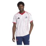 64ac972d-68e2-4f90-8669-f91cdd2ea4fa | UAE SPORT STORE Male model wearing a white pinstripe baseball jersey with red trim and blue shorts bearing team logos, facing forward with hands at his sides.