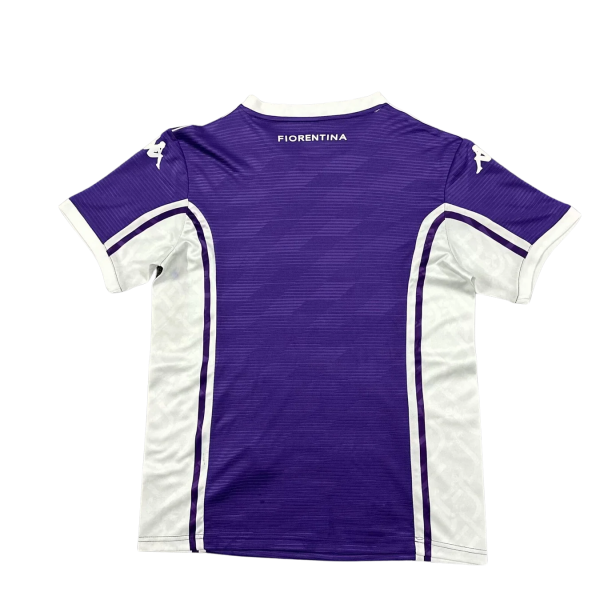 Back view of a purple Fiorentina football jersey with white trim and 'FIORENTINA' text at the neck area.