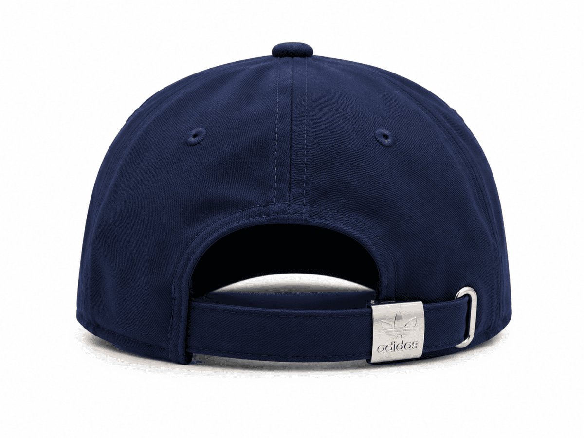 Back view of a navy blue baseball cap with an adjustable strap and metal buckle (Adidas logo on buckle).
