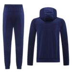 Back view of a navy blue hooded tracksuit jacket paired with matching jogger pants.