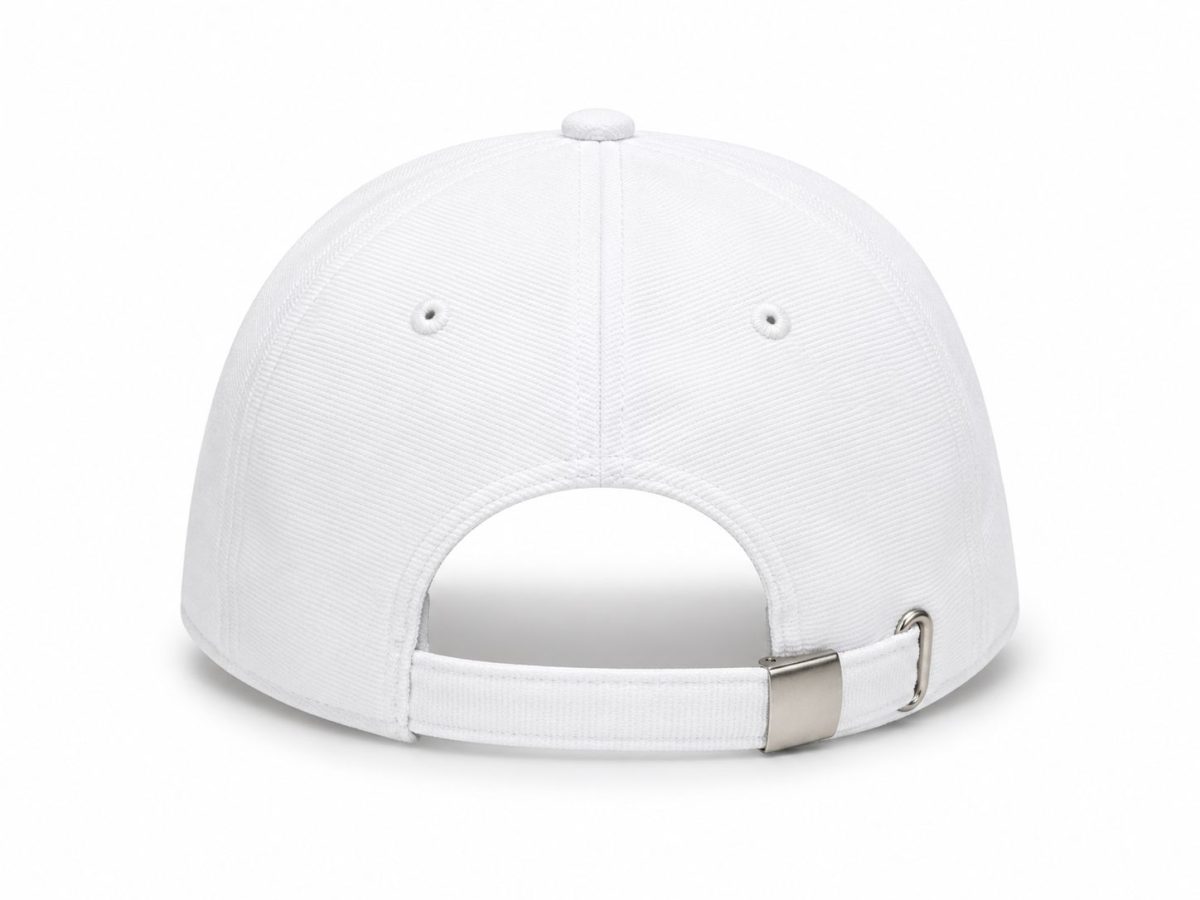 Rear view of a white baseball cap showing an adjustable strap with a metal buckle