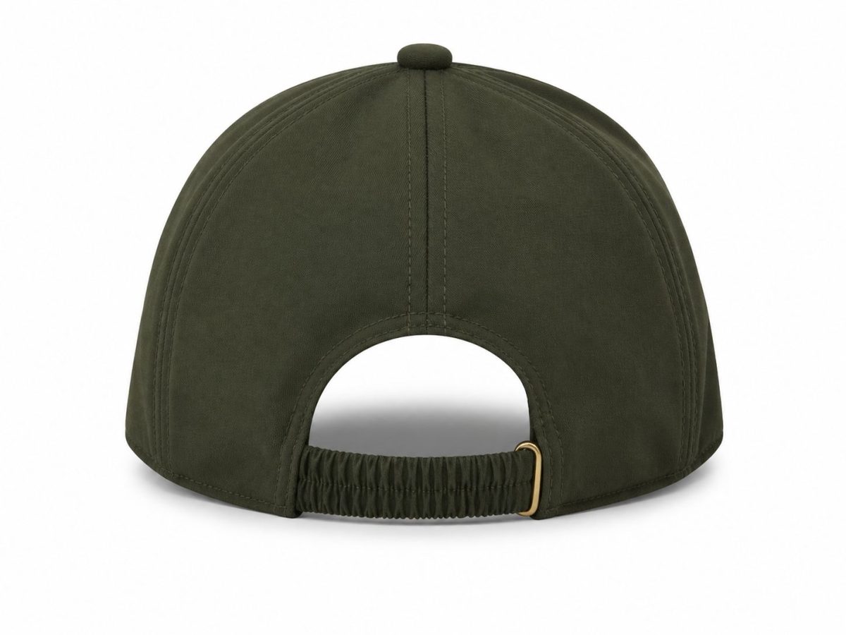 Back view of an olive-green baseball cap with an elastic strap and small brass buckle