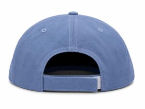 Back view of a light blue baseball cap with an adjustable strap and rear opening.