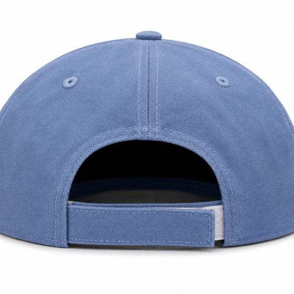 Back view of a light blue baseball cap with an adjustable strap and rear opening.