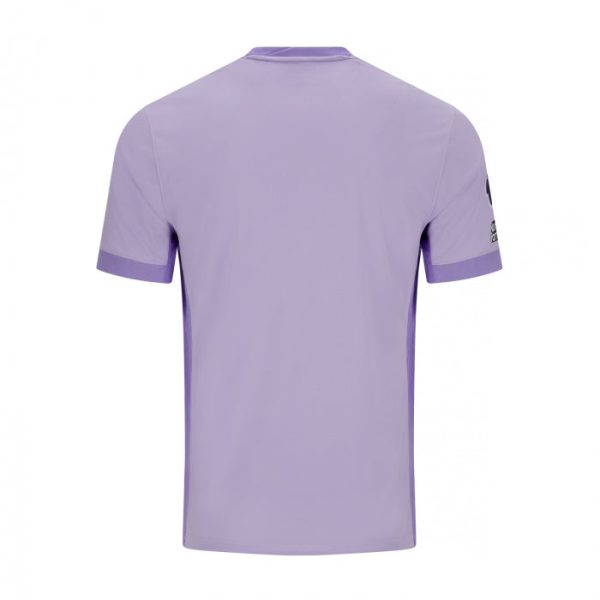 Back view of a lavender short-sleeve polo shirt with cuffed sleeves and a small logo on the right sleeve