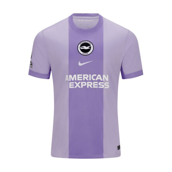 Brighton & Hove Albion football jersey in light and dark purple vertical panels with crest, Nike swoosh, and 'AMERICAN EXPRESS' sponsor text on the chest.