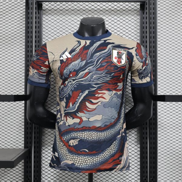 Mannequin torso wearing a dragon-patterned Japan national team jersey on a metal grid display shelf in a store