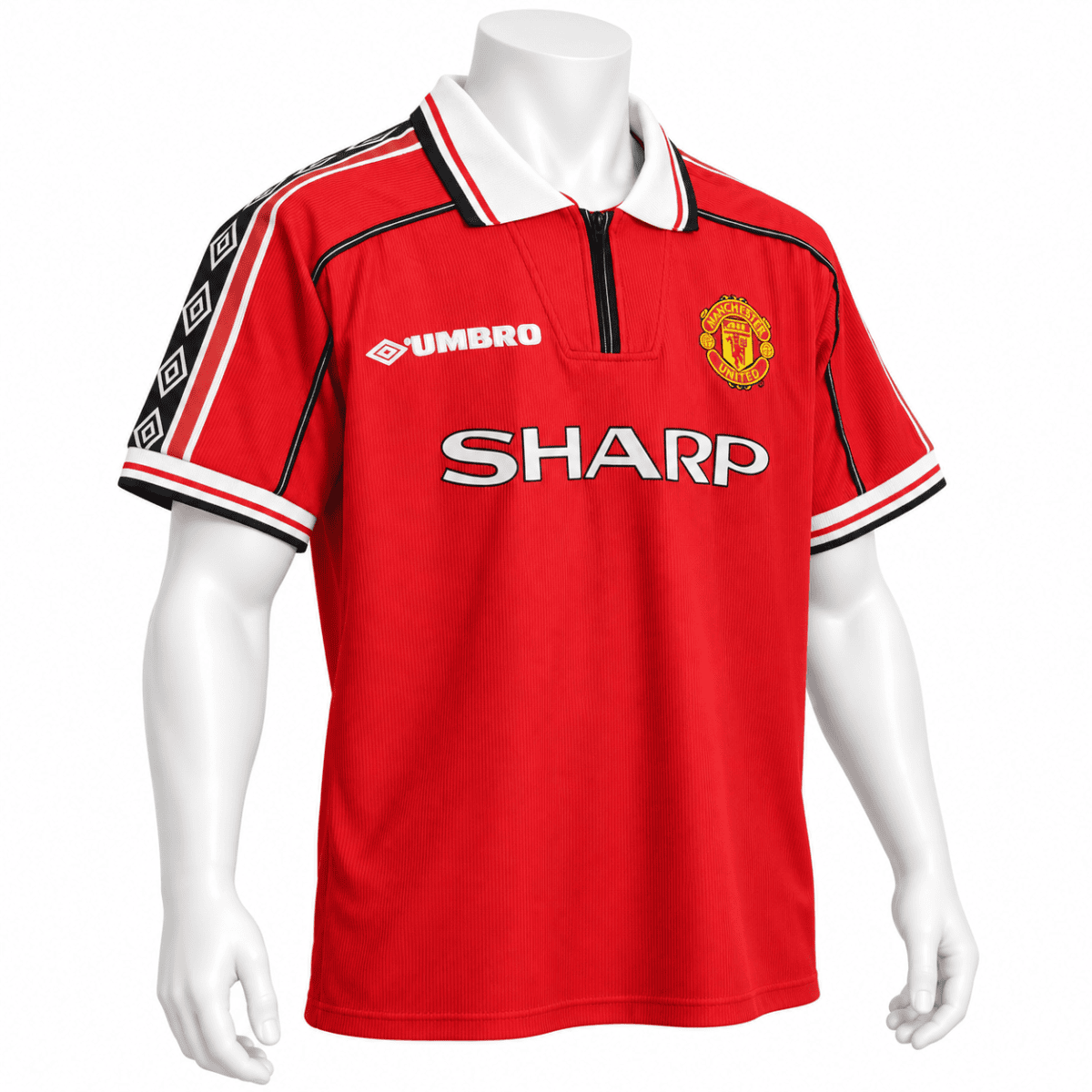 Three-quarter front view of the red jersey on a white mannequin, showing the chest crest, SHARP sponsor and patterned shoulder strips.