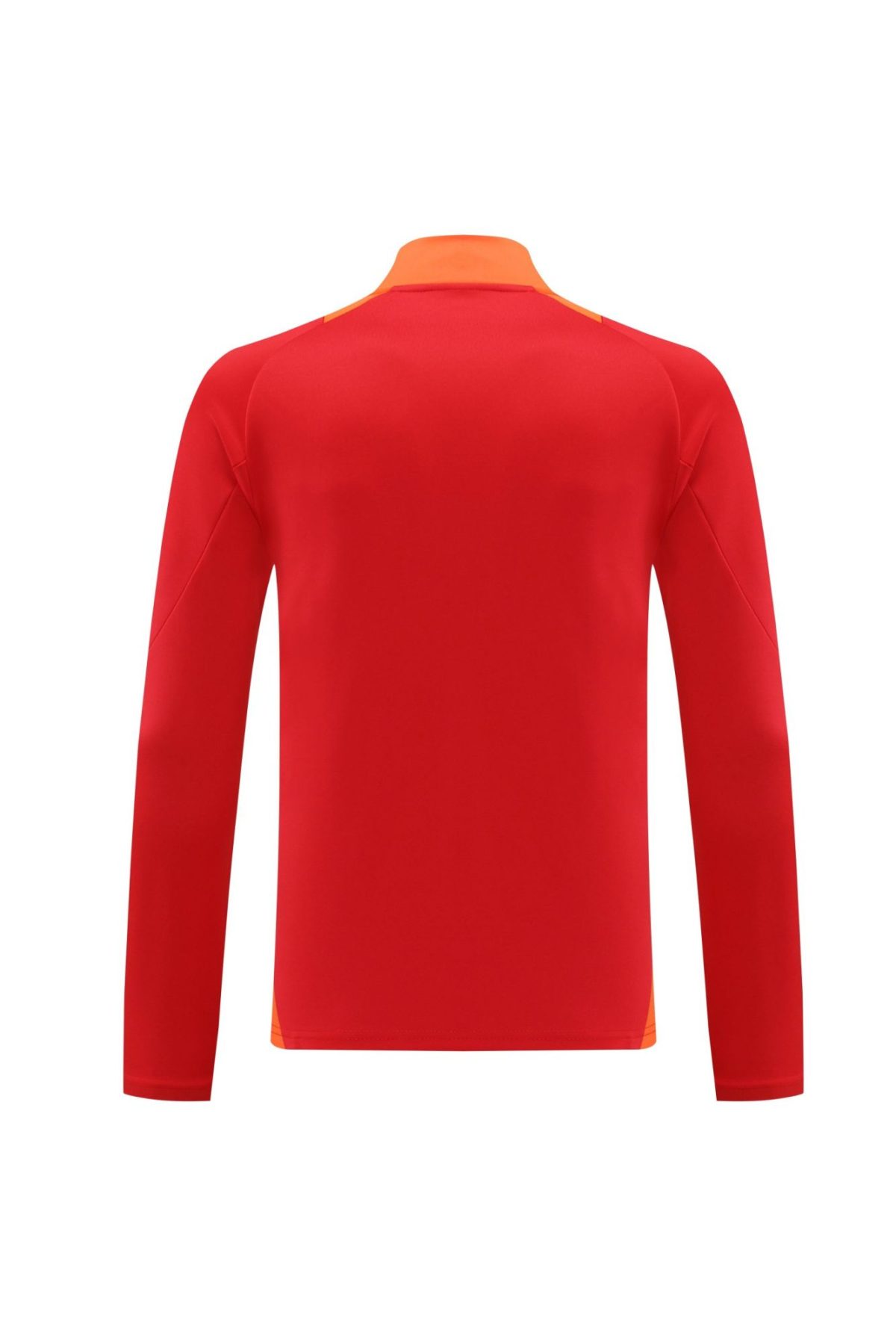 Rear view of a red long-sleeve athletic shirt with an orange collar trim visible at the neck