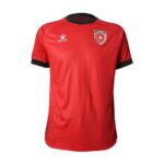 Red short-sleeve soccer jersey with black collar and cuffs, Jordan crest on the left chest and Kelme logo on the right-to-left side.