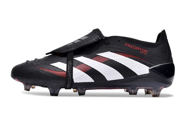 687aa7b4 | UAE SPORT STORE Black soccer cleat with white stripes and a Velcro strap, lightweight and studded for firm-ground play.