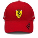 Red Ferrari baseball cap with yellow crest and prancing horse on the front, 'SF' stitched on the bill