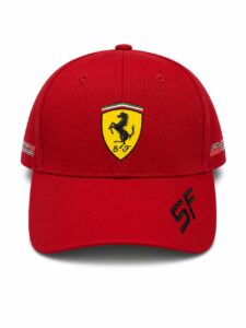 Red Ferrari baseball cap with yellow crest and prancing horse on the front, 'SF' stitched on the bill