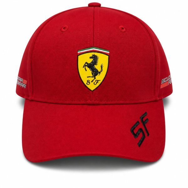 Red Ferrari baseball cap with yellow crest and prancing horse on the front, 'SF' stitched on the bill