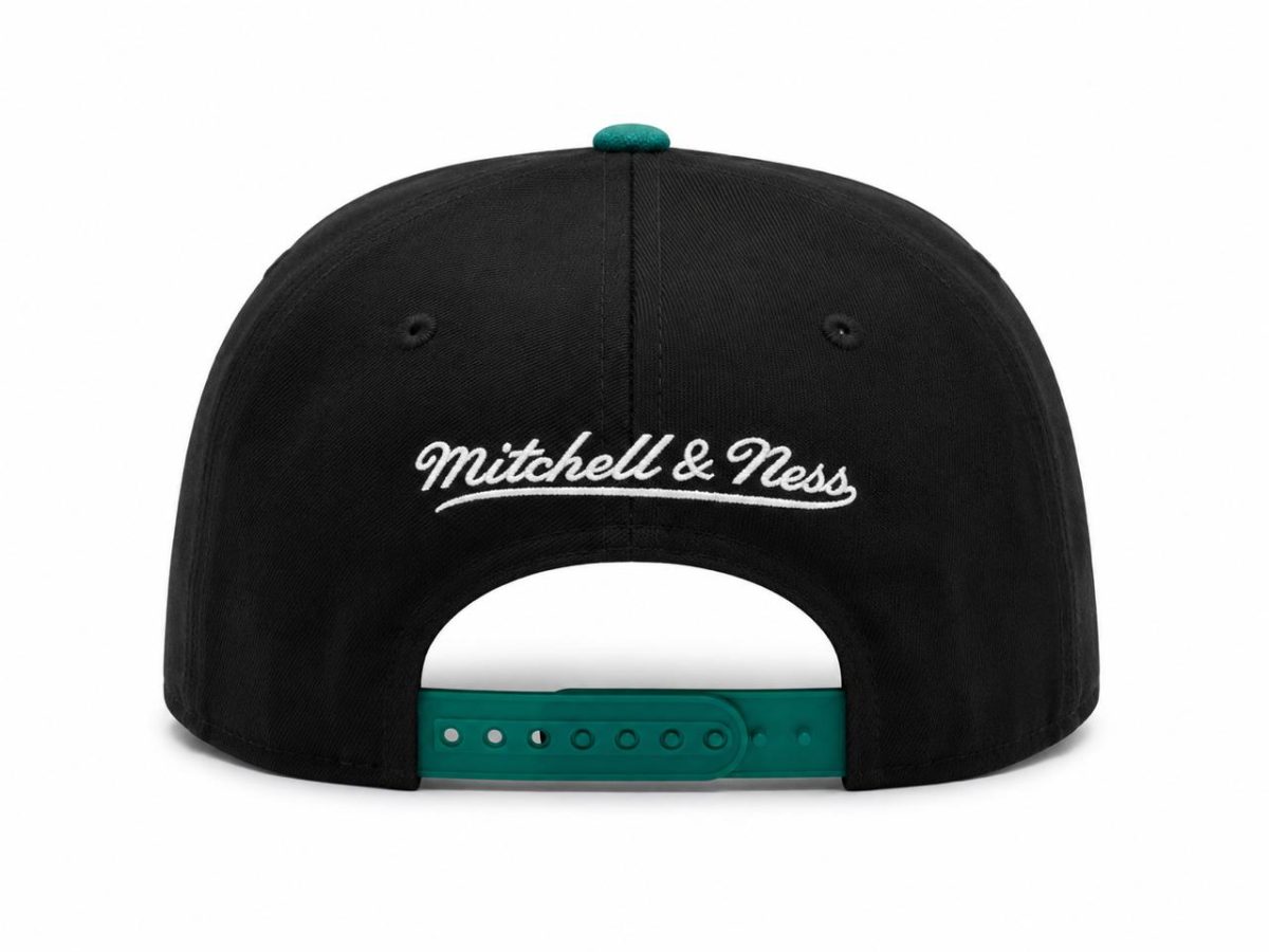 Back view of a black Mitchell & Ness snapback cap with a teal plastic strap and white embroidered logo, curved brim unseen
