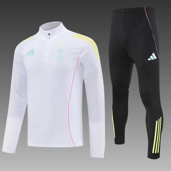 White Juventus training top with mint logo and yellow shoulder stripes, paired with black leggings featuring pink and neon-yellow side accents.