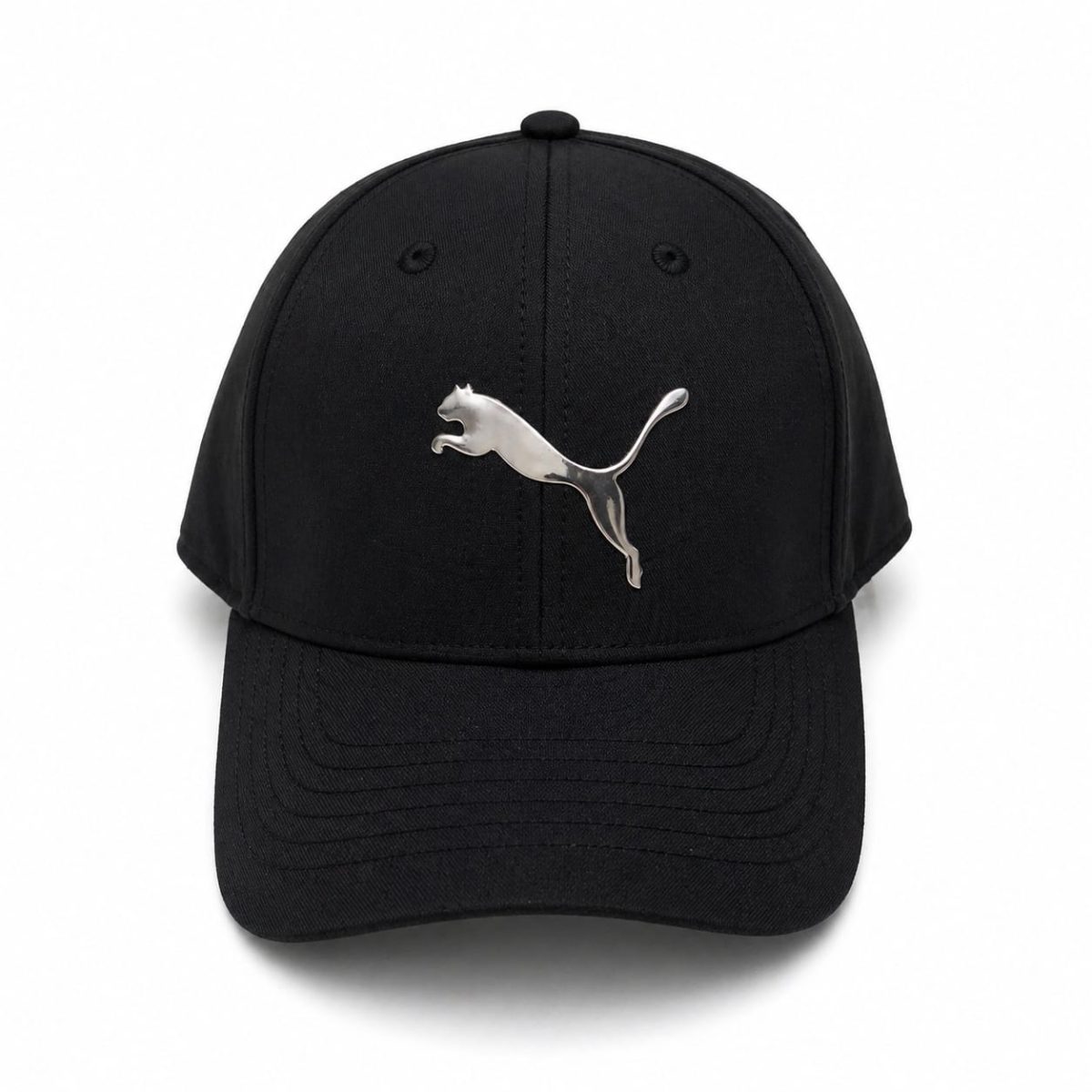 Black baseball cap with a silver Puma logo on the front panel.