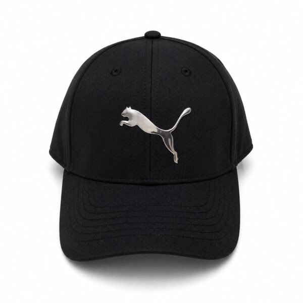 Black baseball cap with a silver Puma logo on the front panel.