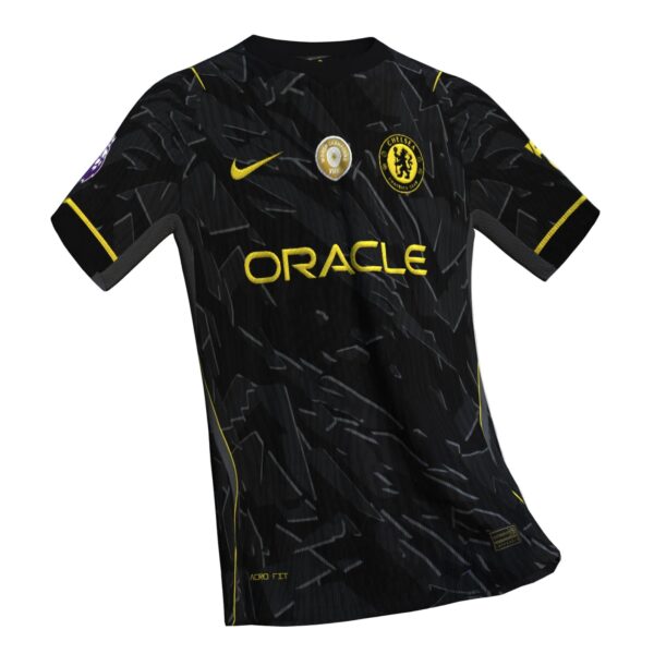 Black Chelsea FC football jersey with yellow Oracle logo across chest, club crest and Nike swoosh visible (informational)