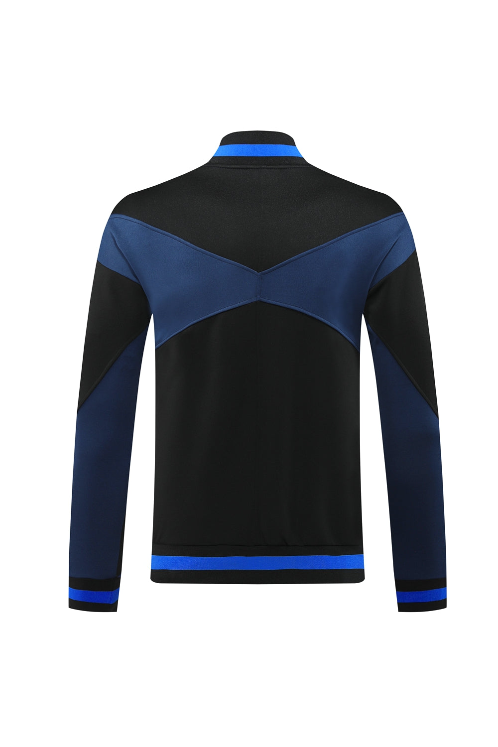 6936214d | UAE SPORT STORE Back view of a black and blue color-block athletic jacket with a blue chevron across the upper back, blue collar stripe, and blue cuffs.
