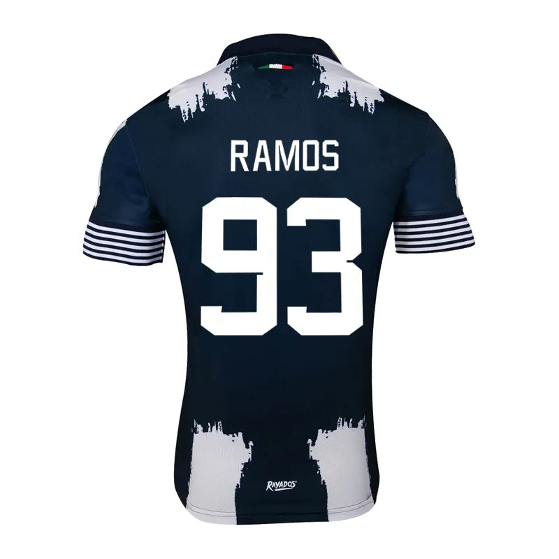6946894c-b03c-4847-a89c-26222d98ab35 | UAE SPORT STORE Navy blue sports jersey with white paint-splatter accents, back showing name RAMOS and number 93, small Italian flag at the collar