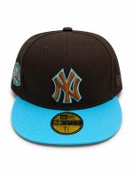 Black baseball cap with a teal-brim and brown NY logo outline on the front, side patch visible on the left.