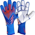 Pair of blue goalkeeper gloves with red grip patterns and white padded palms on the fingertips side.